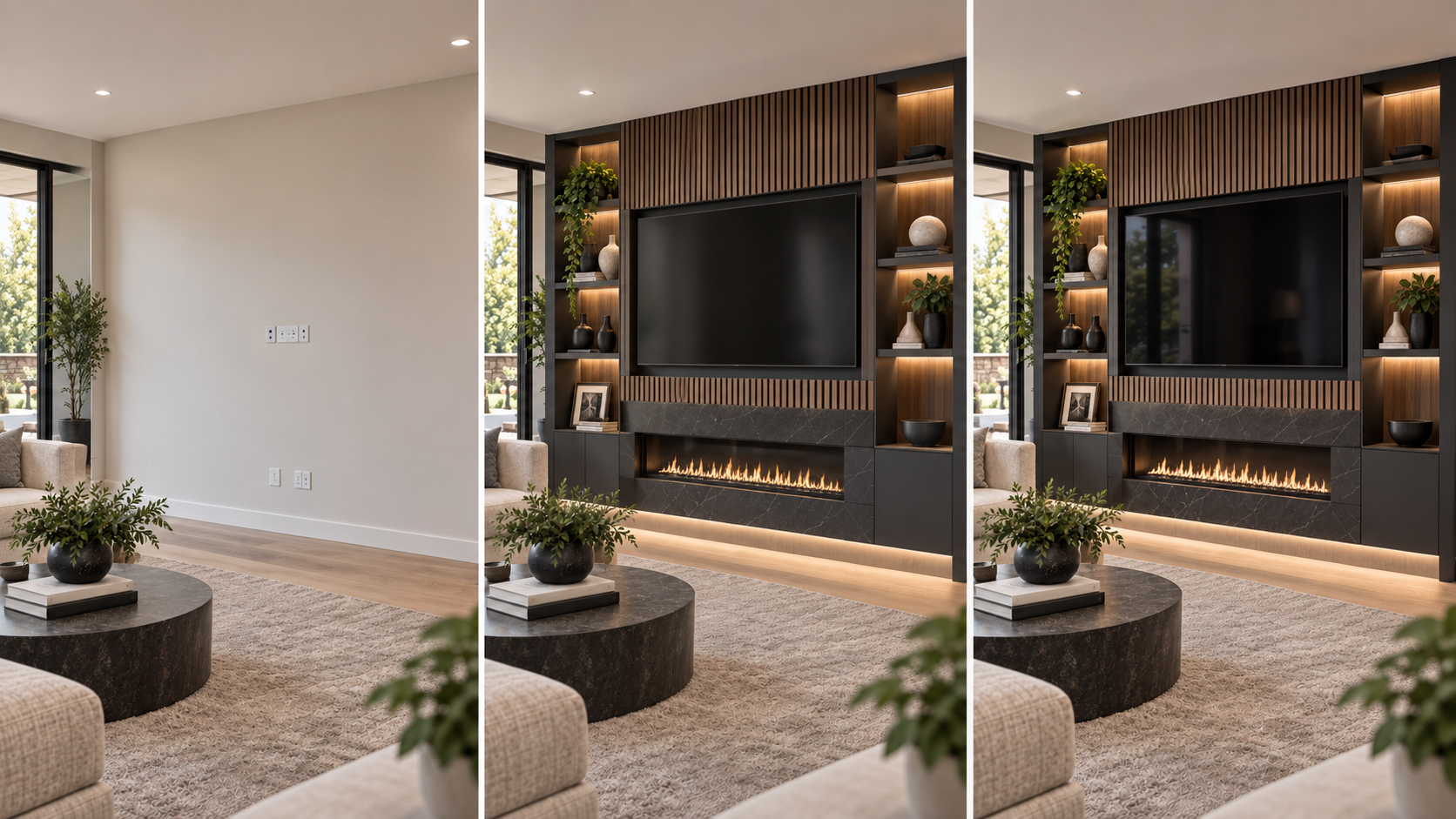 The same room shown before, during design visualization, and as a finished media wall
