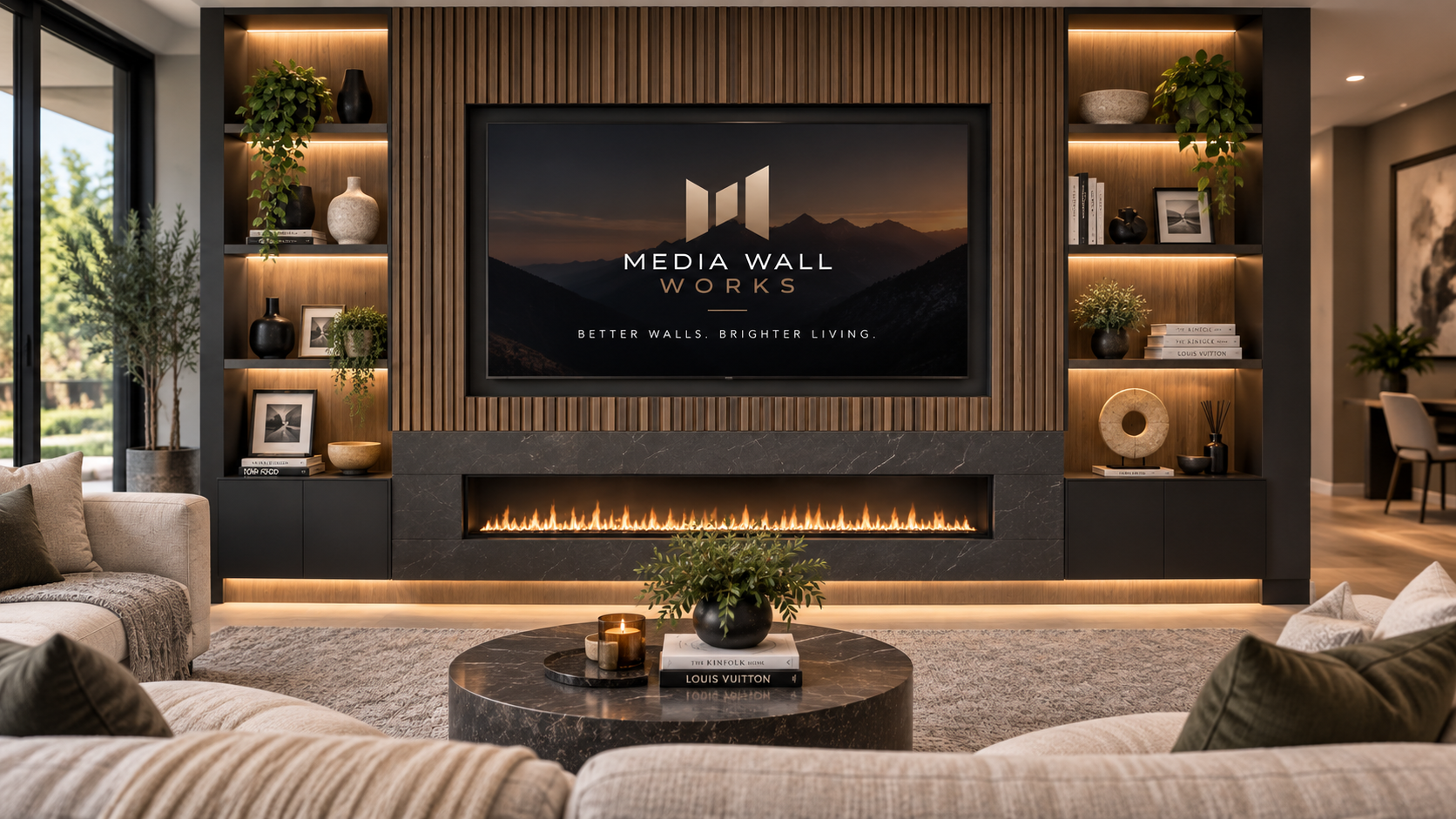 Completed custom media wall with fireplace, cabinetry, shelving and integrated lighting