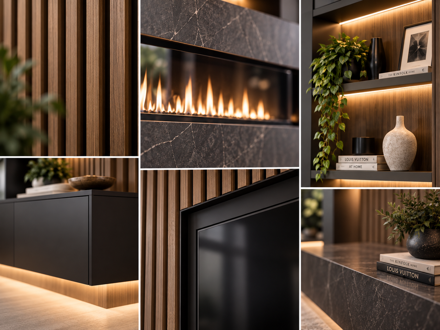 Close-up details of wood slats, fireplace, lighting, cabinetry and shelving