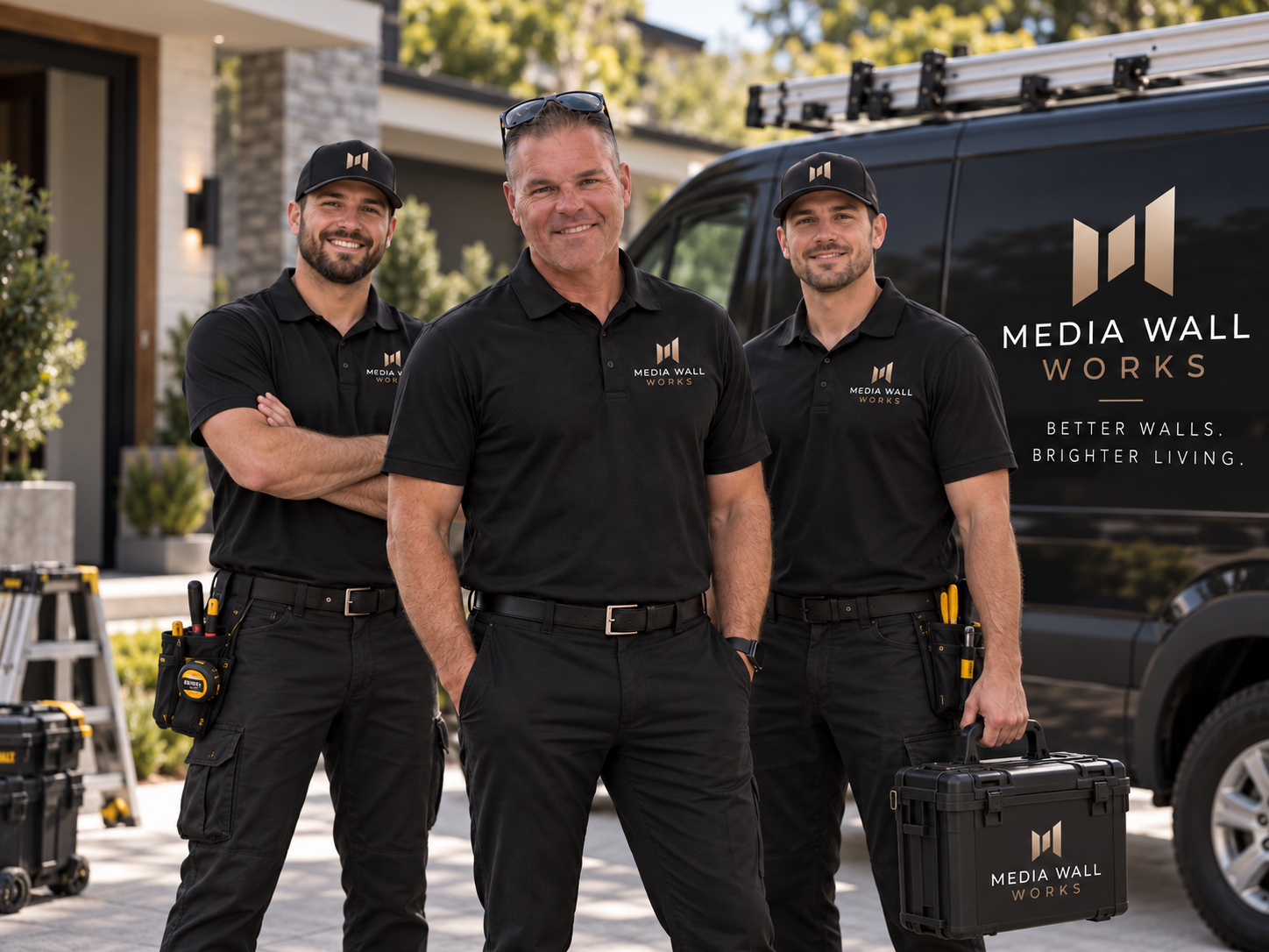 The Media Wall Works team standing beside their local service vehicle