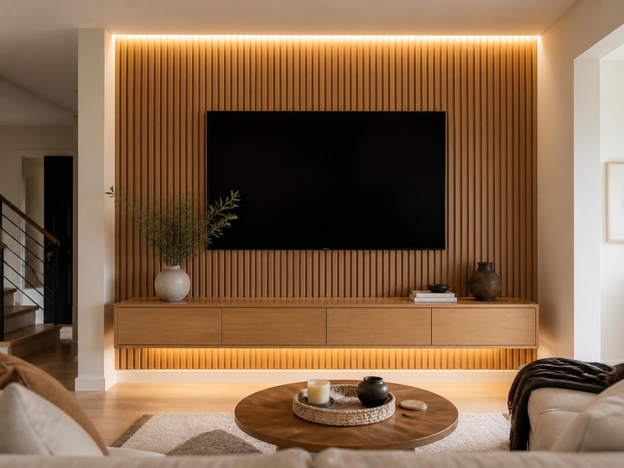 TV + Slat Feature Wall media wall after installation