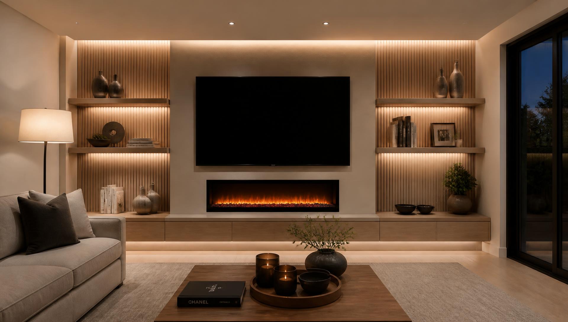 Custom oak slat media wall with linear fireplace in a Cincinnati living room